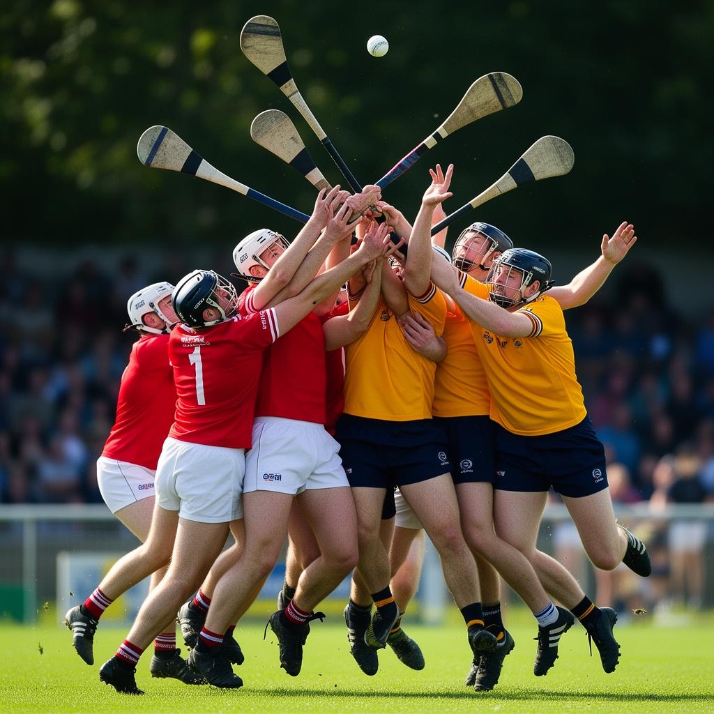 Hurlers leaping mid-air for the sliotar, hurleys crossed overhead